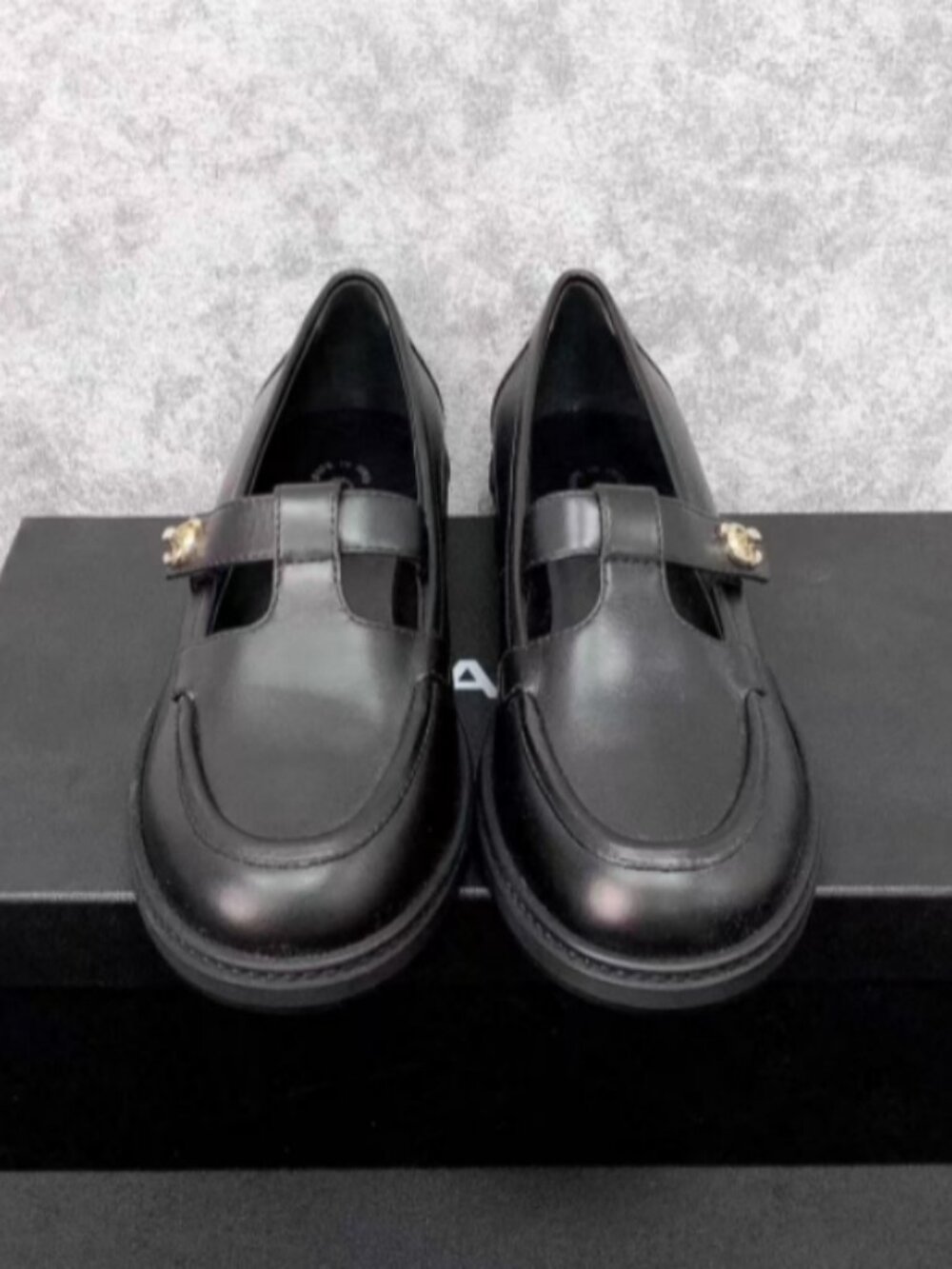 Chanel T-Strap Turnlock Loafers Black Leather Size 37 (US 7)